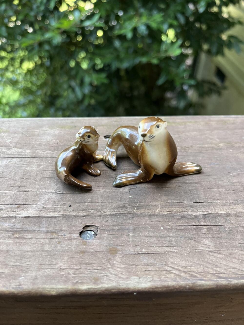 Vintage Miniature Otter Figurines, Pair Mother and Baby Sea Otters